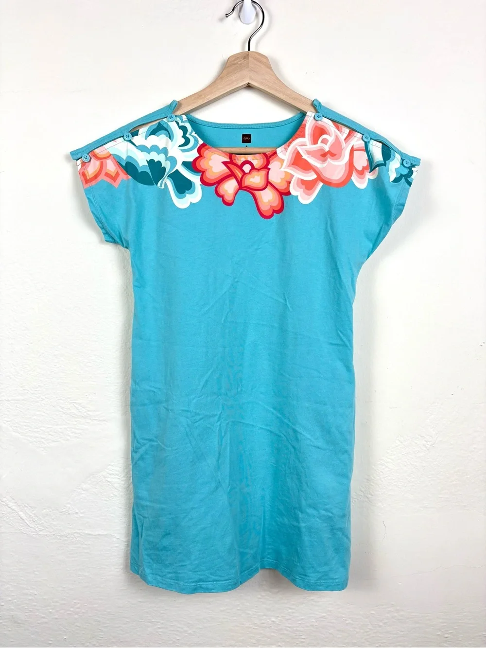 Tea Collection Girls Size 8 Turquoise Blue Floral Yoke T-Shirt Shift Dress